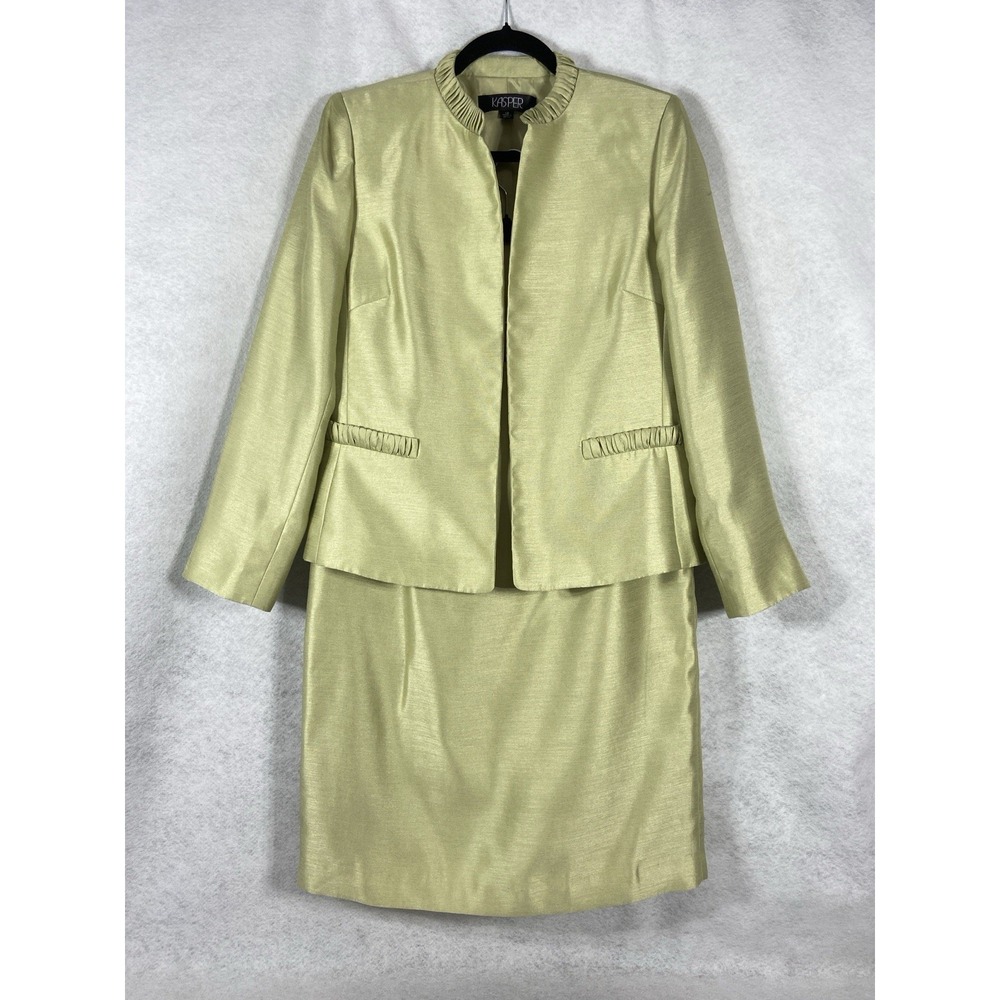 Kasper 2PC Skirt Suit Women's 10 Green Blazer Open Long Sleeves Ruched